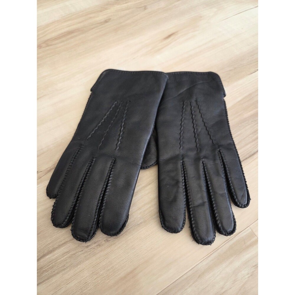 Vintage White Rabbit Fur Lined Leather Gloves Black Medium 9 or 9.5